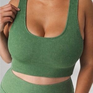 Green Ribbed Crop Top and Ribbed Leggings Set